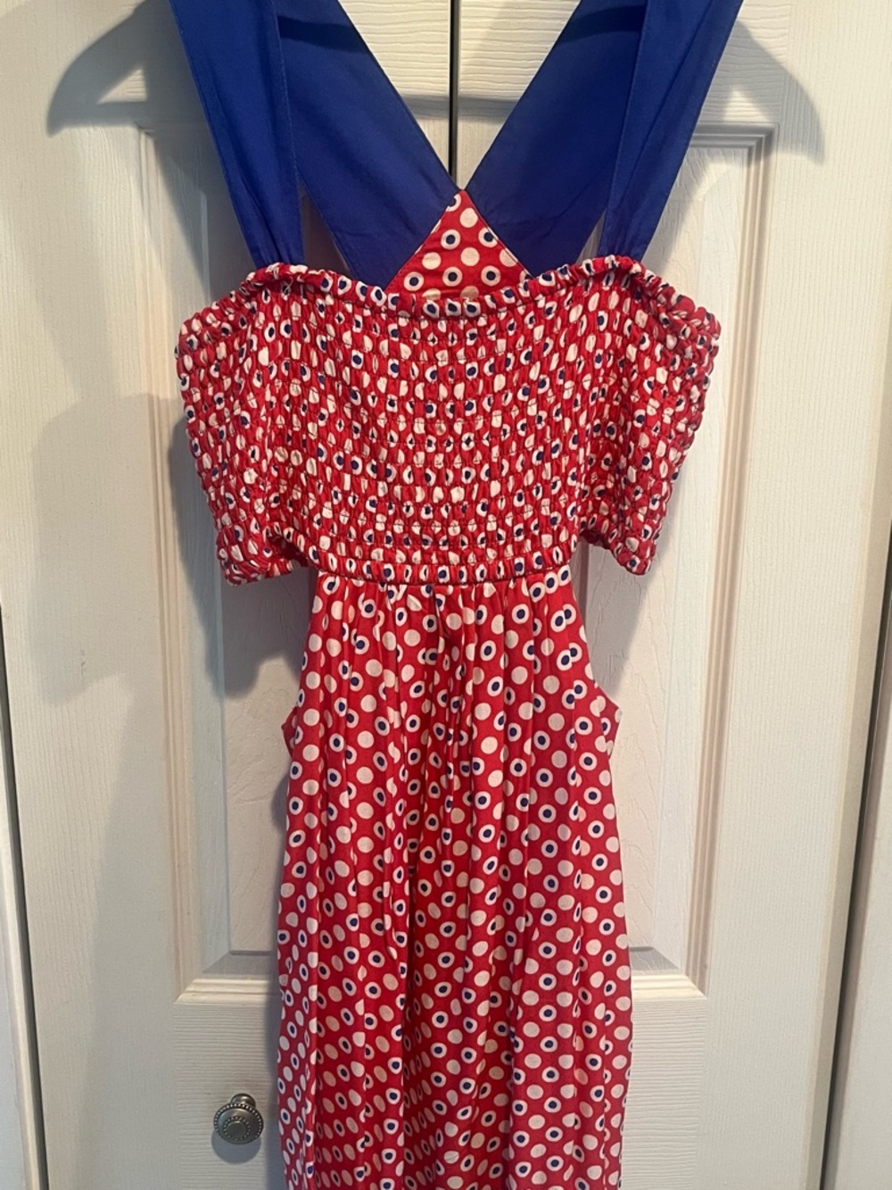 Anthropologie Red Polka Dot Mini Dress with Blue Straps Sz M - Picture 8 of 10
